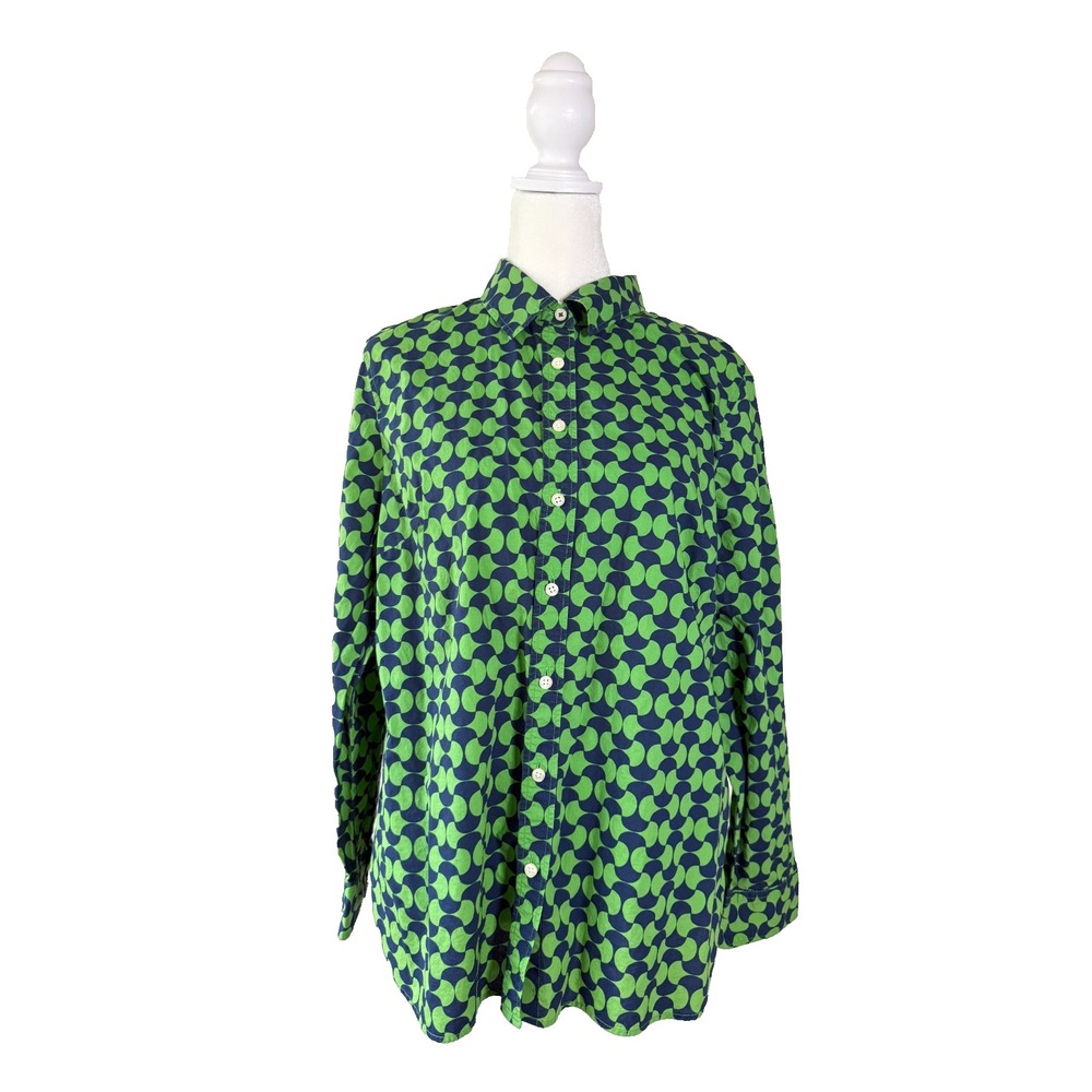 Talbots Petites Large Button Front Shirt Green Blue Geo Print Long Sleeve Cotton